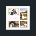 Four Wedding Photos Collage Love Script White Canvas Print<br><div class="desc">Display beautiful memories from your wedding day in your home with this four photo collage, wherein you can easily swap in your own 4 favourite pictures. The word Love overlaps the pictures slightly and is set in elegant gold script.The white background colour can be changed to a different colour if...</div>