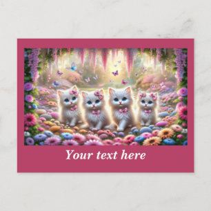 Four White Kittens with Flowers and Butterflies Postcard