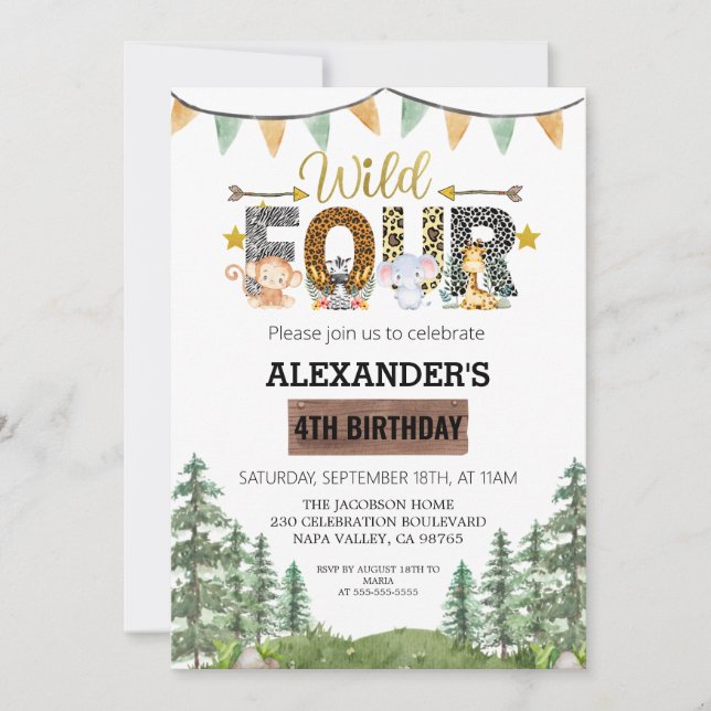 Four Wild BirthDay Party Invitation (Front)
