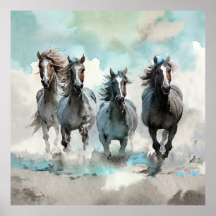 Four Wild Mustang Gallop Across the Prairie Poster