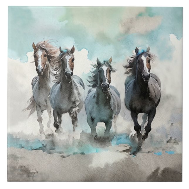 Four Wild Mustang Gallop Across the Prairie Tile (Front)