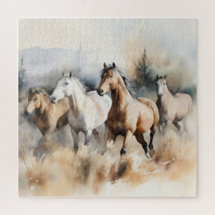 “Four Wild Mustangs” Dusty Western Watercolour Jigsaw Puzzle