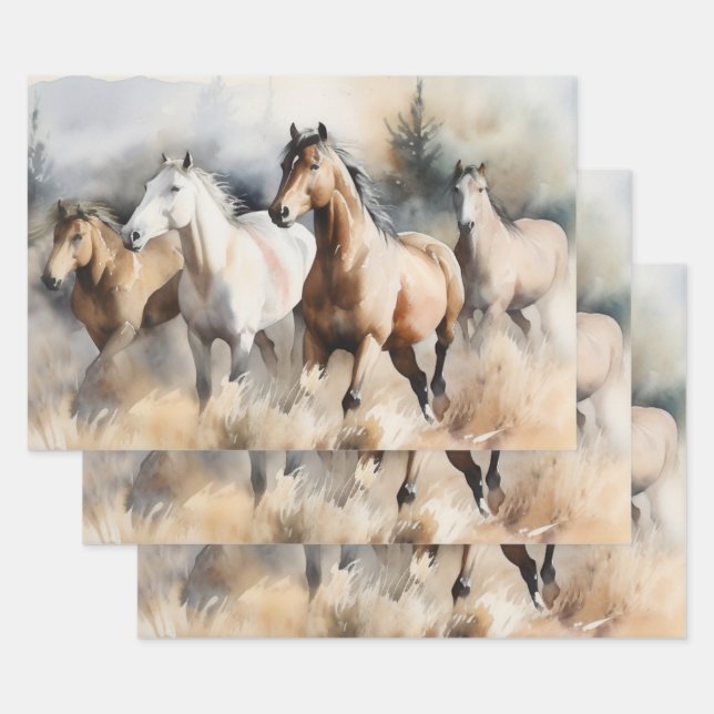 “Four Wild Mustangs” Dusty Western Watercolour Wrapping Paper Sheet (Set)