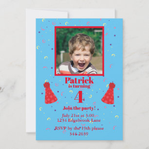 Four Year Old boy confetti on blue Birthday Party Invitation