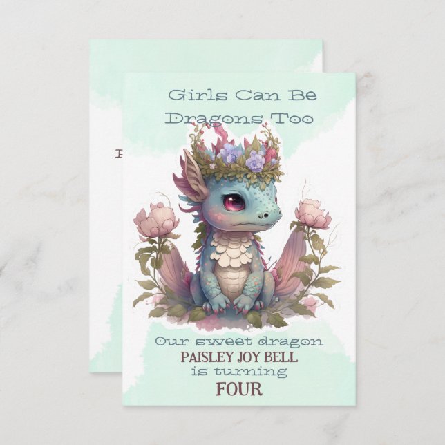 Four Year Old Girl Dragon Invitation (Front/Back)