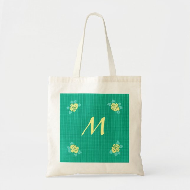 Four Yellow Roses Green Teal Plaid Monogram Bags (Front)