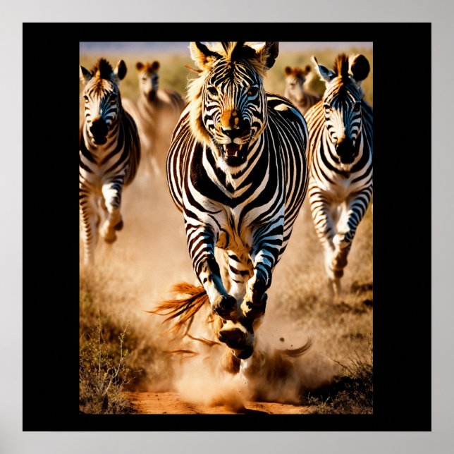 Four Zebras Running Across the Savanna While a  Poster (Front)