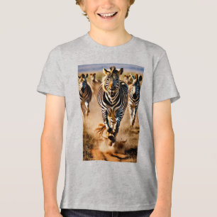 Four Zebras Running Across the Savanna While a  Tri-Blend Shirt