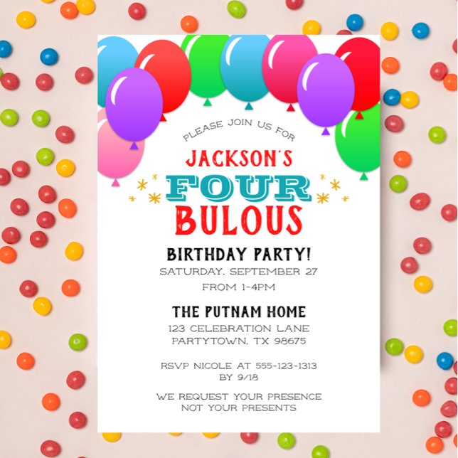 FOURbulous 4th Birthday Balloon Banner Blue Invitation (Creator Uploaded)