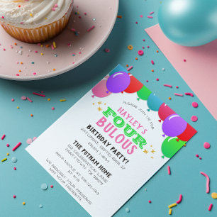 FOURbulous 4th Birthday Balloon Banner Pink Green Invitation