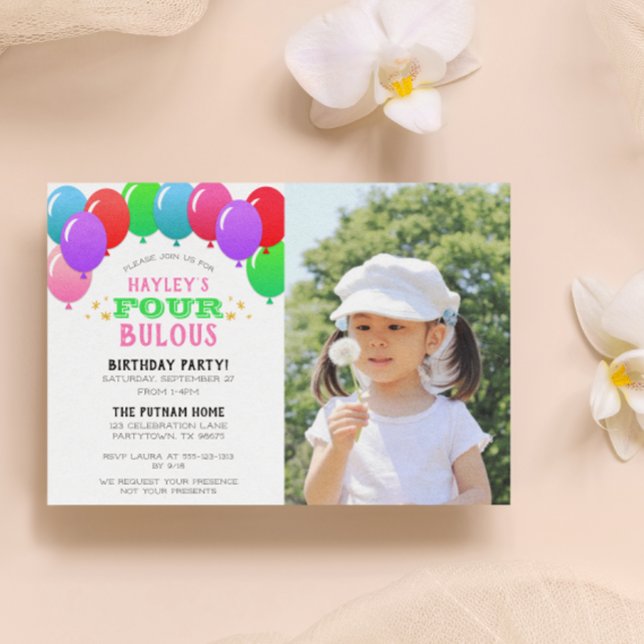 FOURbulous 4th Birthday Balloon Pink Photo Invitation (Creator Uploaded)