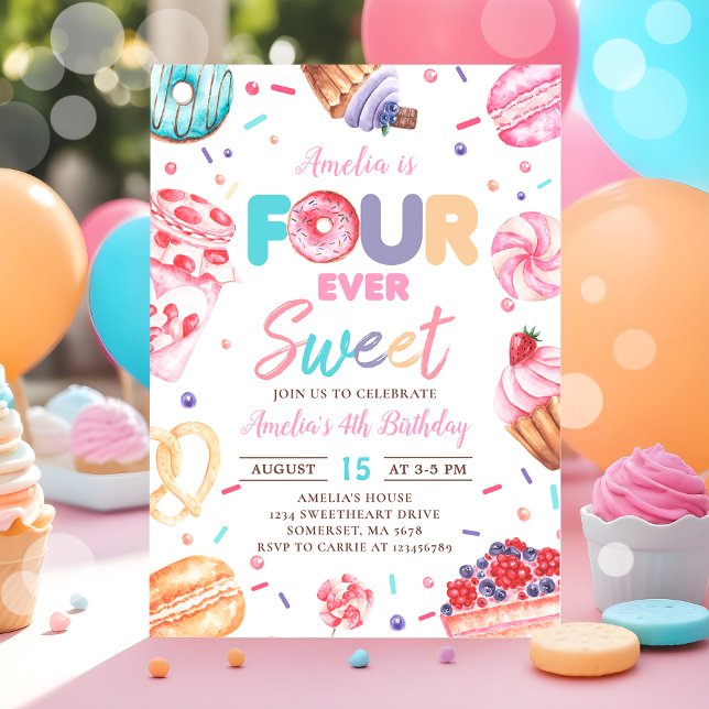 Fourever Sweet Doughnut Candy 4th Birthday Invitat Invitation (Creator Uploaded)
