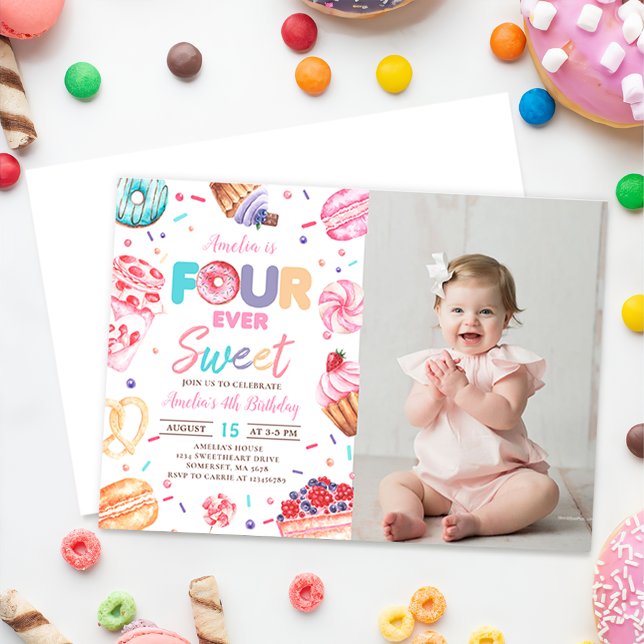 Fourever Sweet Doughnut Candy 4th Birthday Photo Invitation (Creator Uploaded)