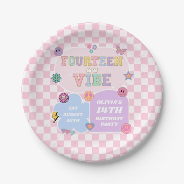 Fourteen A Vibe Preppy Patch 14th Birthday Party Paper Plate (Front)