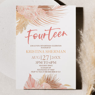 Fourteen Boho Pink Floral 14th Birthday Party Invitation