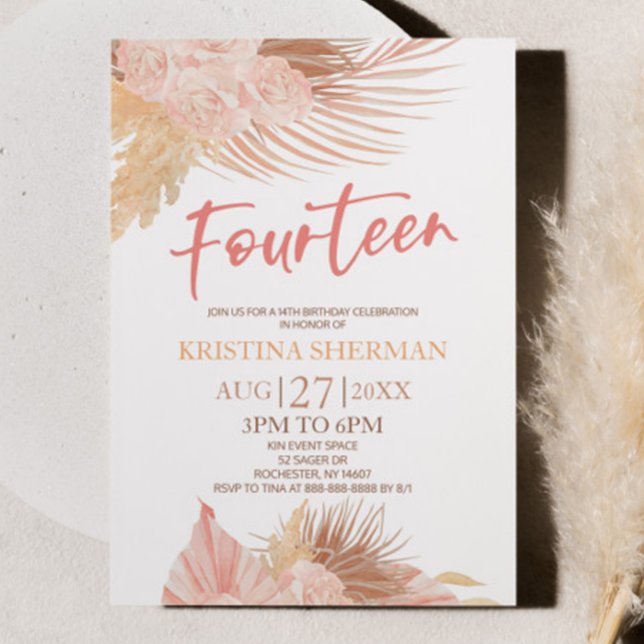 Fourteen Boho Pink Floral 14th Birthday Party Invitation (Creator Uploaded)