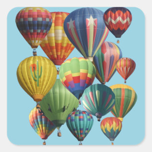 Fourteen Hot Air Balloons Crowd on Light Blue Square Sticker