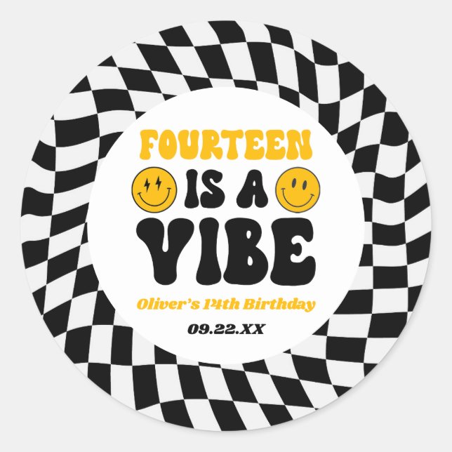 Fourteen Is A Vibe Retro 14th Birthday Party Classic Round Sticker (Front)