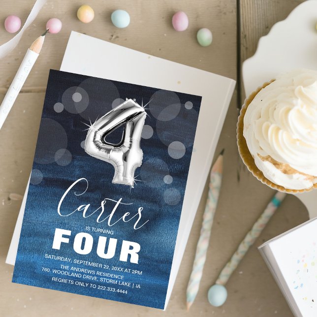 Fourth Birthday Silver Balloon | Blue Party Invitation (Creator Uploaded)