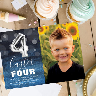 Fourth Birthday Silver Balloon   Blue Photo Party Invitation