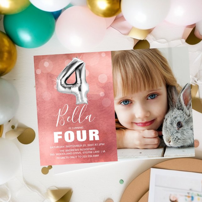 Fourth Birthday Silver Balloon | Pink Photo Party Invitation (Creator Uploaded)