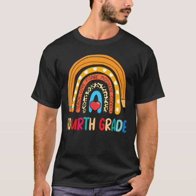 Fourth Grade Rainbow Leopard Print Teacher 4th Gra T-Shirt (Front)