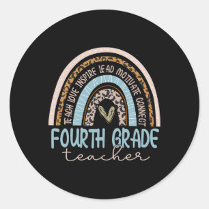 Fourth Grade Teacher Leopard Boho Rainbow Byck To  Classic Round Sticker