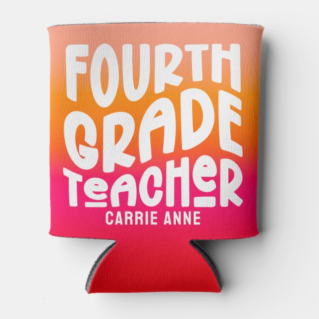 Fourth Grade Teacher Pink Gradient Custom Can Cooler (Front)