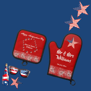 Fourth July Patriotic Mr Mrs Modern Script Red Fun Oven Mitt & Pot Holder Set