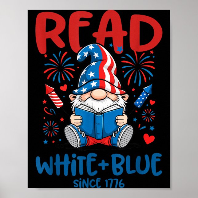Fourth July Read White Blue Gnome Fireworks Book Poster (Front)