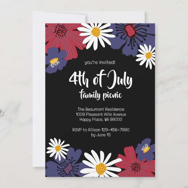 Fourth of July 4th Floral Family Picnic Invitation (Front)