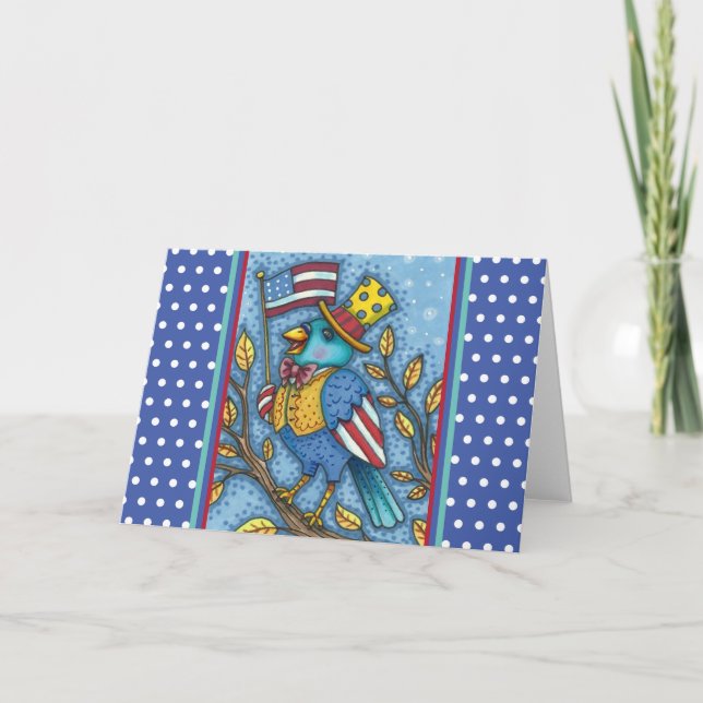 FOURTH OF JULY BLUEBIRD TWEET, AMERICAN FLAG Blank Holiday Card (Front)