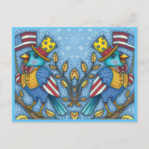 FOURTH OF JULY BLUEBIRD TWEET, AMERICAN FLAG Cute Holiday Postcard