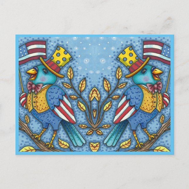 FOURTH OF JULY BLUEBIRD TWEET, AMERICAN FLAG Cute Holiday Postcard (Front)
