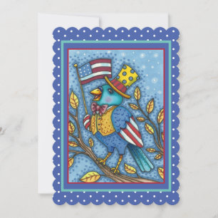 FOURTH OF JULY BLUEBIRD TWEET, AMERICAN FLAG Flat Holiday Card