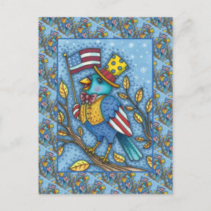 FOURTH OF JULY BLUEBIRD TWEET, AMERICAN FLAG USA HOLIDAY POSTCARD
