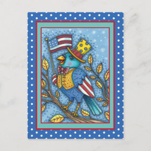 FOURTH OF JULY BLUEBIRD TWEET, AMERICAN FLAG USA HOLIDAY POSTCARD