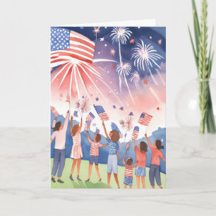 Fourth of July Fireworks Watercolor USA Flag Holiday Card