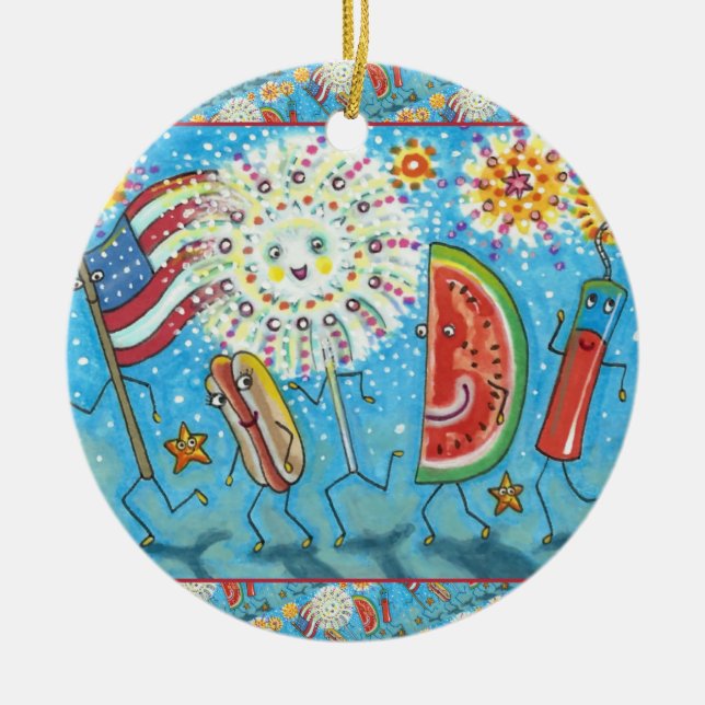 FOURTH OF JULY GANG, PARADE & FIREWORKS HOLIDAY CERAMIC TREE DECORATION (Front)