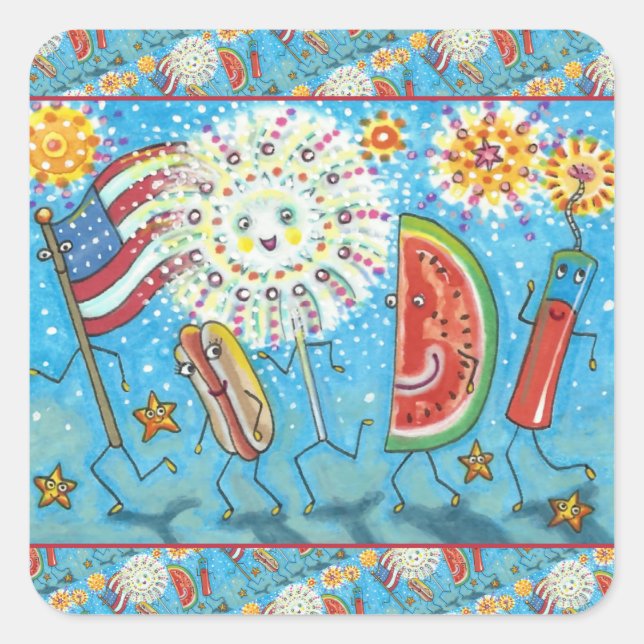 FOURTH OF JULY GANG, PARADE & FIREWORKS HOLIDAY SQUARE STICKER (Front)