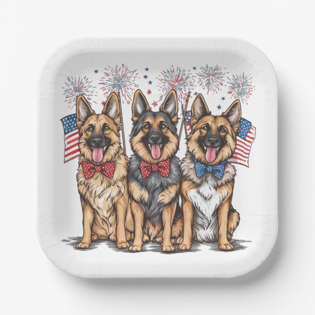 Fourth Of July German Shepherd Dogs Paper Plate (Front)