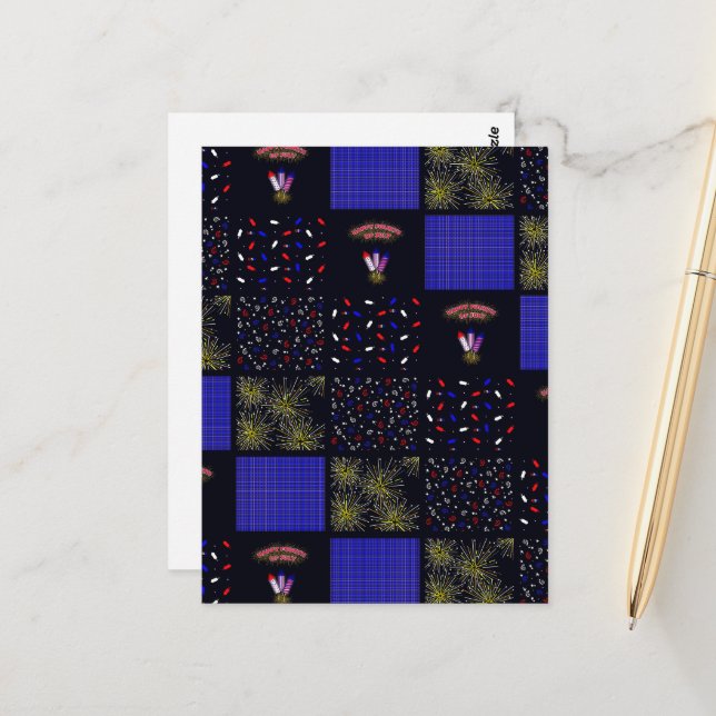 Fourth of July Patchwork Pattern - July 4th Postcard (Front/Back In Situ)