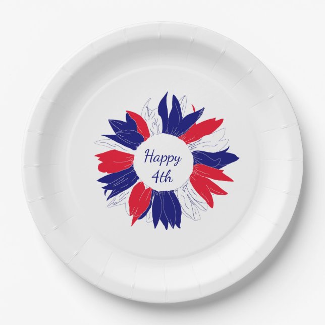 Fourth of July Patriotic Floral Red White Blue Paper Plate (Front)