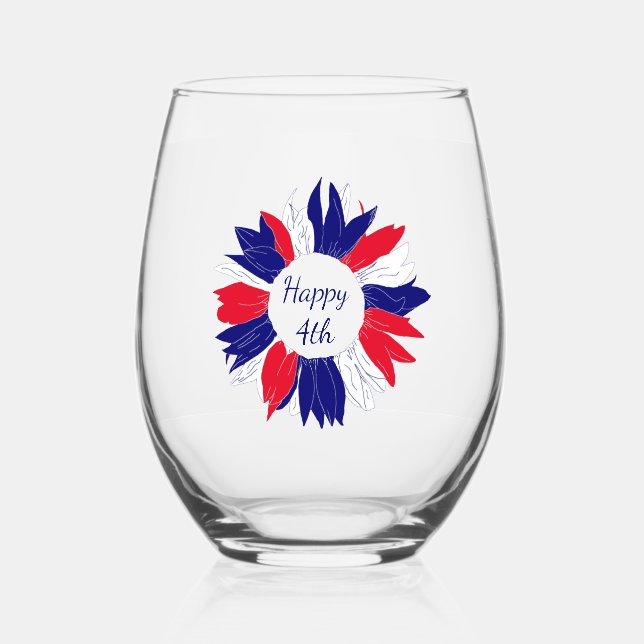 Fourth of July Patriotic Floral Red White Blue Stemless Wine Glass (Front)