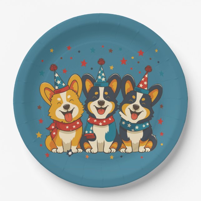 Fourth Of July Pembroke Welsh Corgi Dogs Paper Plate (Front)
