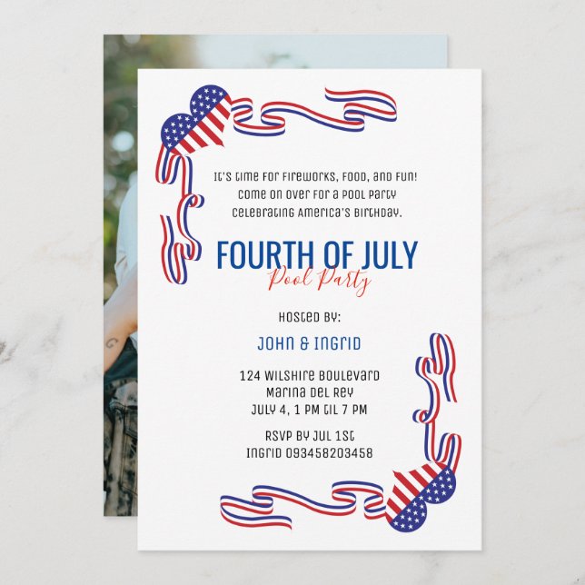 Fourth of July Pool Party Red, Blue and White Invi Invitation (Front/Back)