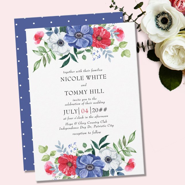 Fourth of July Red White and Blue Floral Wedding Invitation (Creator Uploaded)