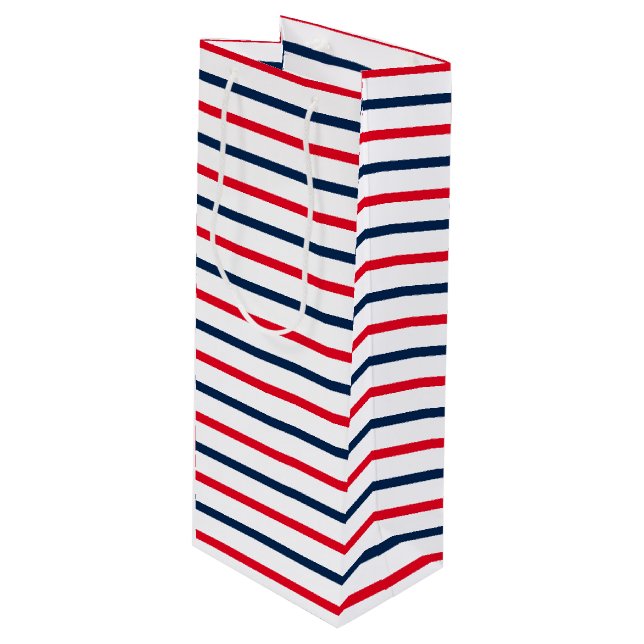 Fourth of July red white blue stripes patriotic Wine Gift Bag (Front Angled)