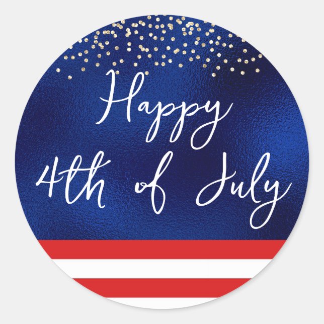 Fourth of July Script American Flag on Blue Foil Classic Round Sticker (Front)