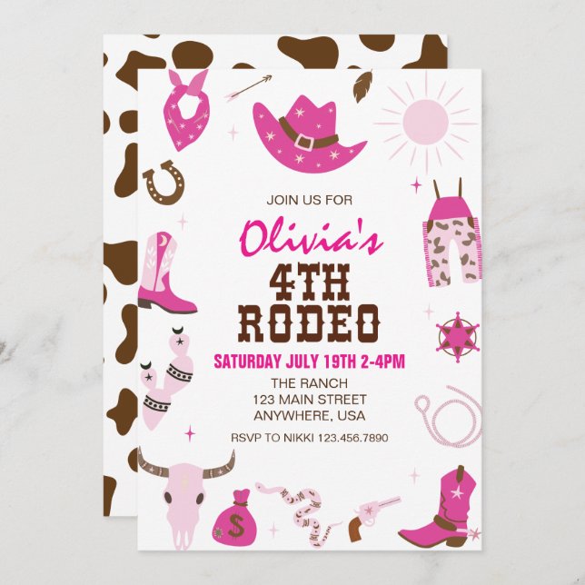 Fourth Rodeo Hot Pink Western 4th Birthday Invitation (Front/Back)